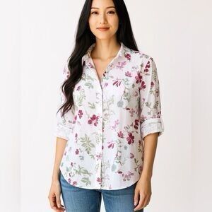 NEW Coldwater Creek Blouse White Floral 3/4 Sleeve Button Up Size 16 Classic